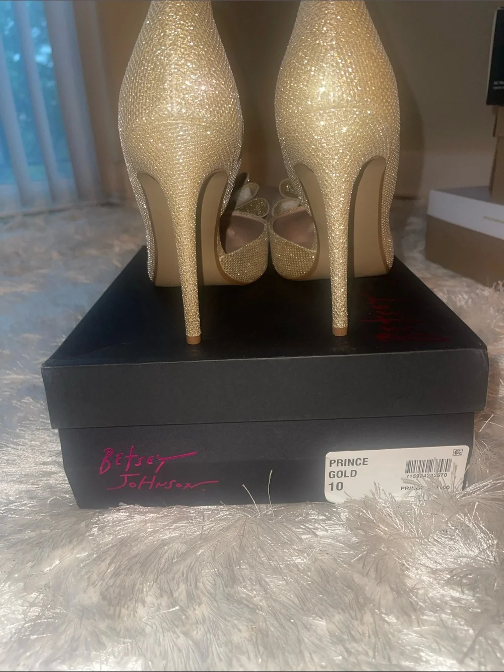 Brand new***Betsey Johnson Gold Glitter Peep-Toe Stilettos